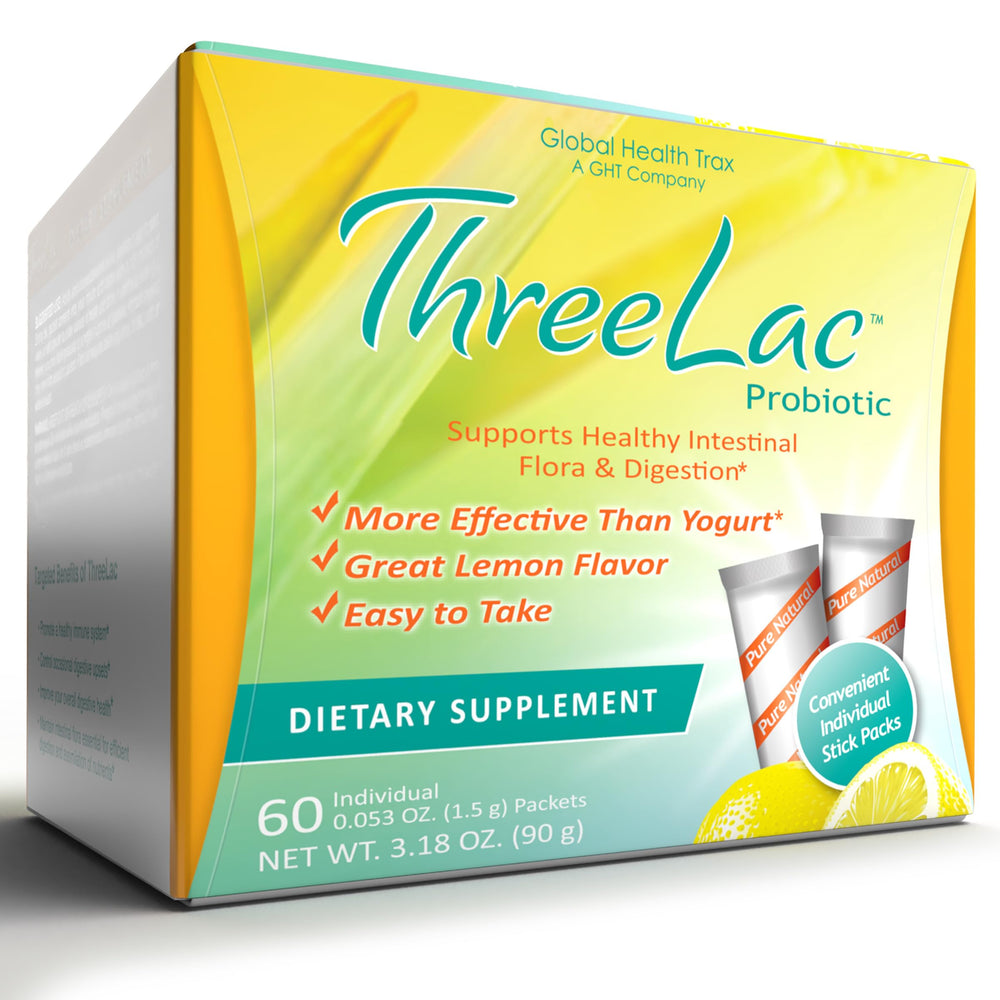 GHT ThreeLac Lemon probiotic powder dissolving in water for quick gut balance.