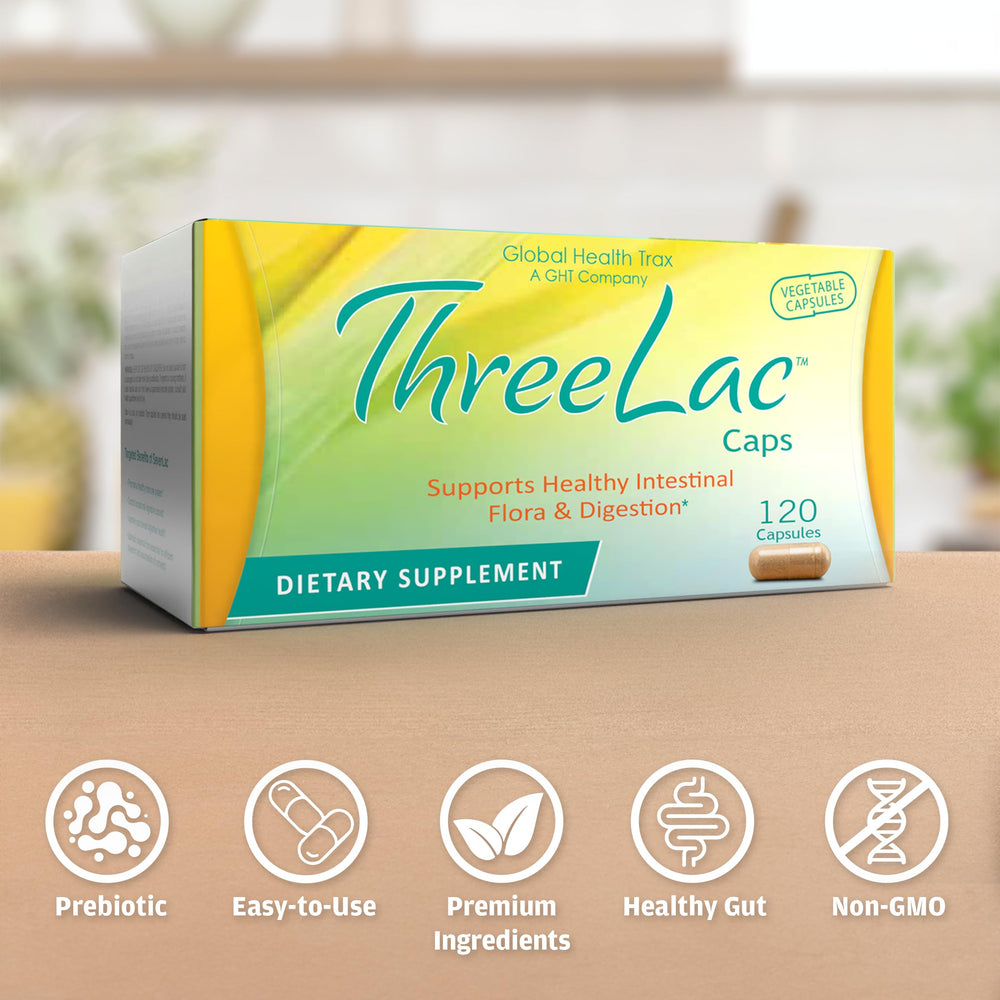 GHT ThreeLac probiotic capsules close-up with non-GMO badge