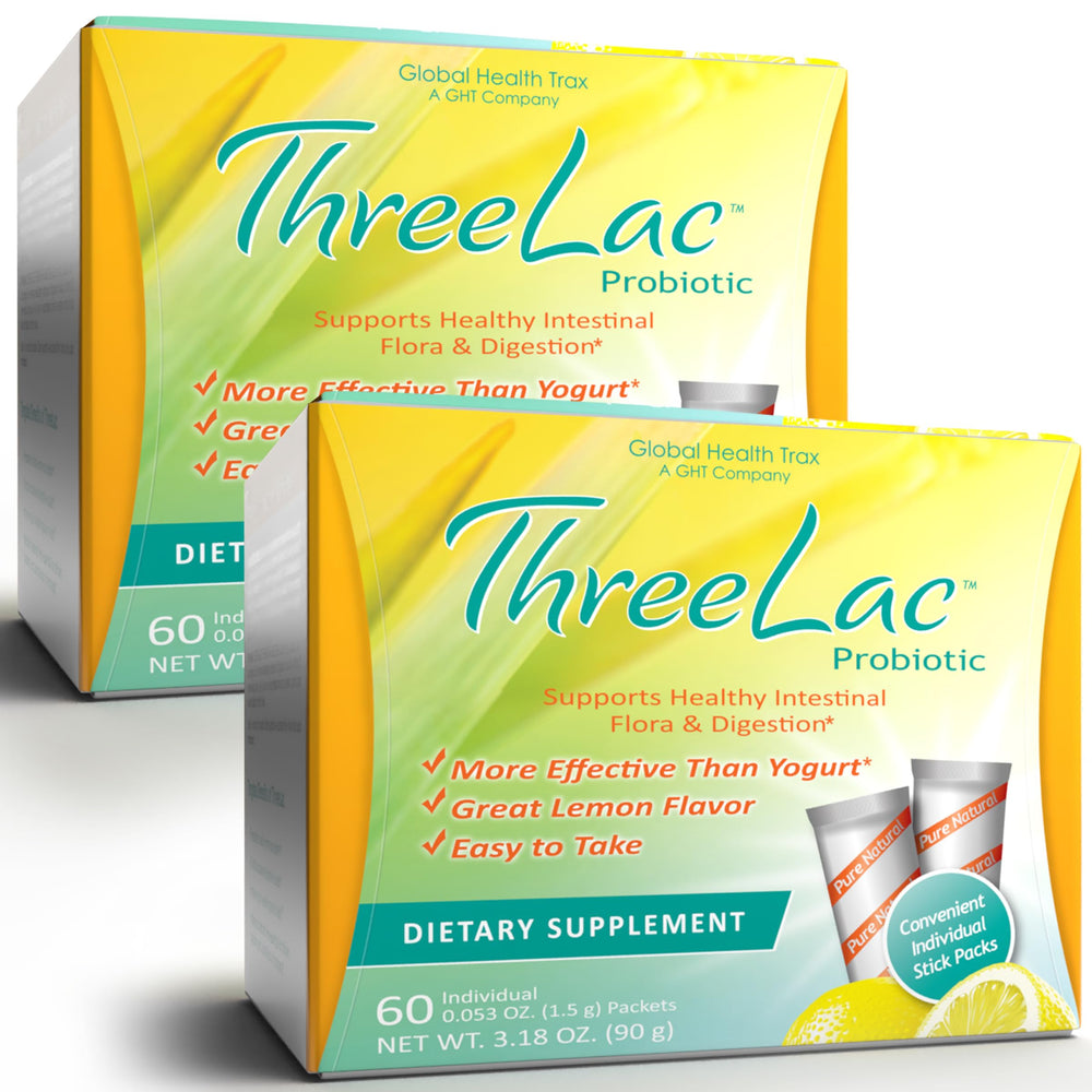 Global Health Trax ThreeLac lemon probiotic packet for daily digestive support.