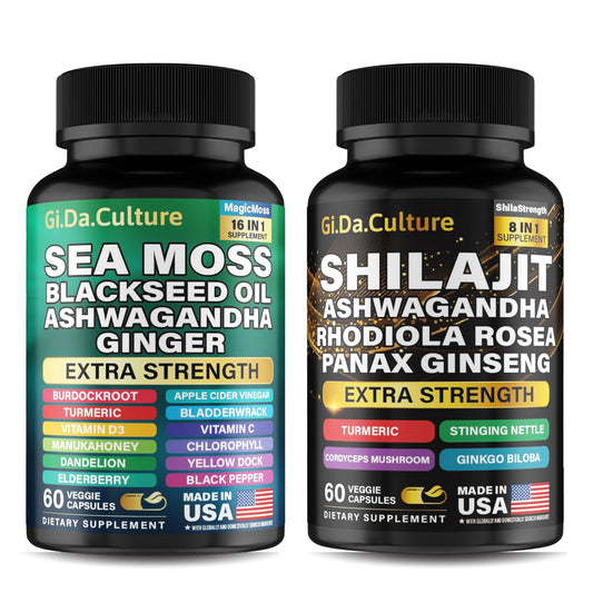 Gi.Da.Culture Shilajit Sea Moss bundle front bottle supports natural energy.