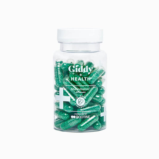 Giddy+Health multivitamin bottle-front for daily wellness support.