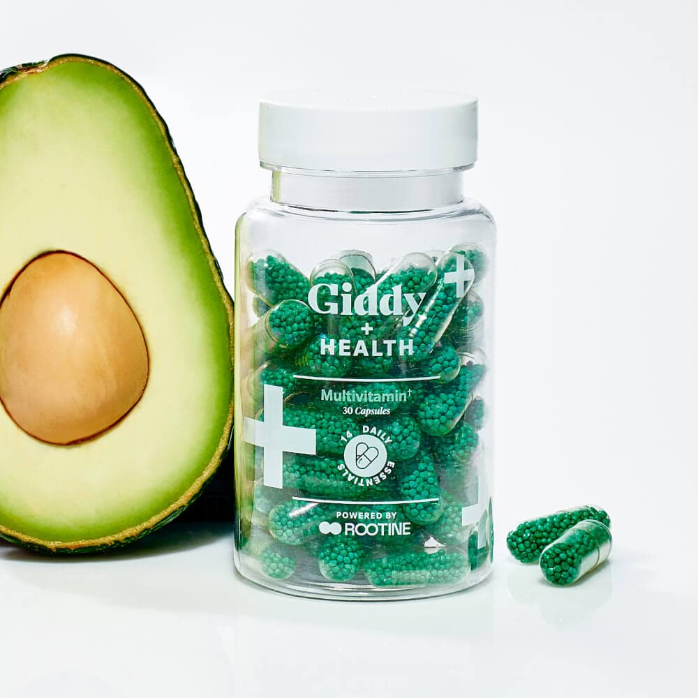 Giddy+Health multivitamin label-detail emphasizes purity and potency standards.