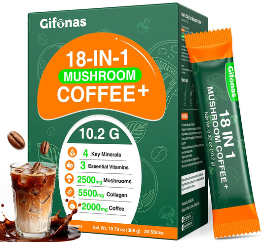 Gifonas Mushroom Coffee cup foreground with creamy froth and energy-boosting aroma