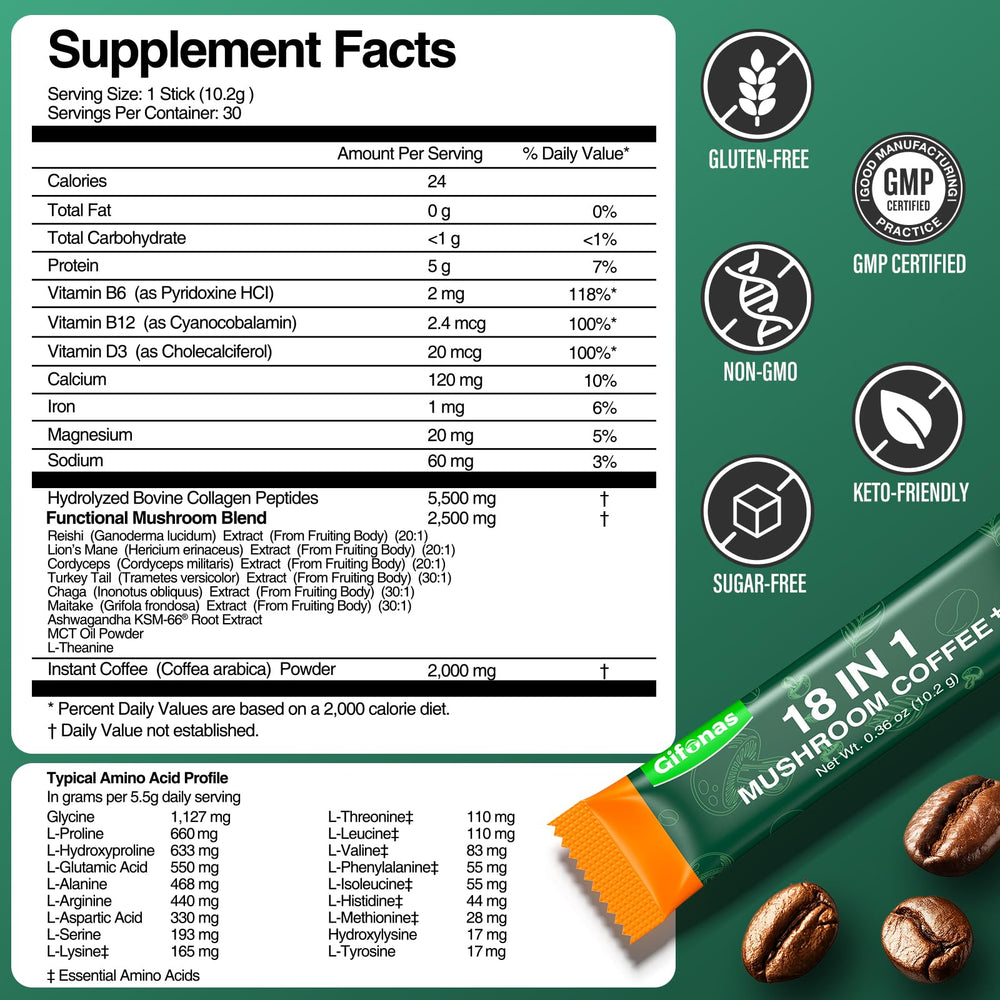 Gifonas Mushroom Coffee nutrition facts feature collagen and vitamins