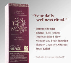 GIN THE MORE six-year roots ginseng bottle close-up highlighting premium quality.