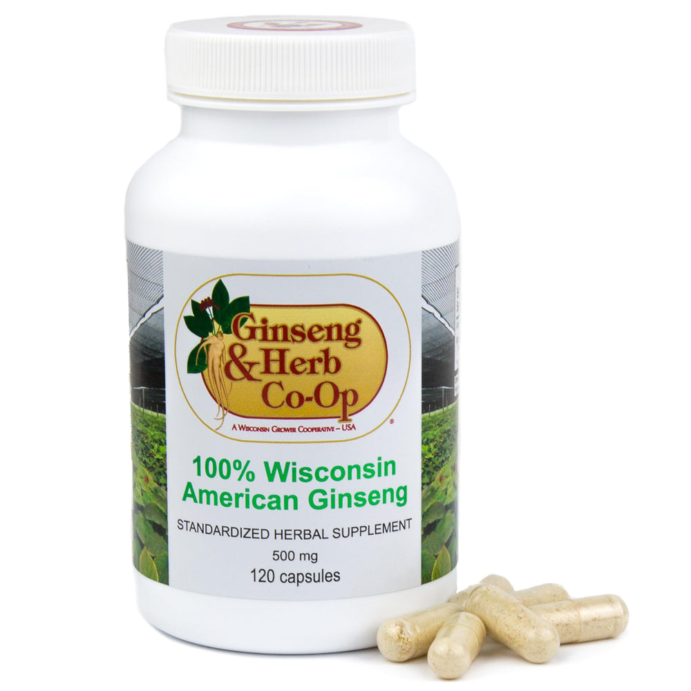 Ginseng & Herb Co-Op Wisconsin ginseng capsules bottle for daily energy.