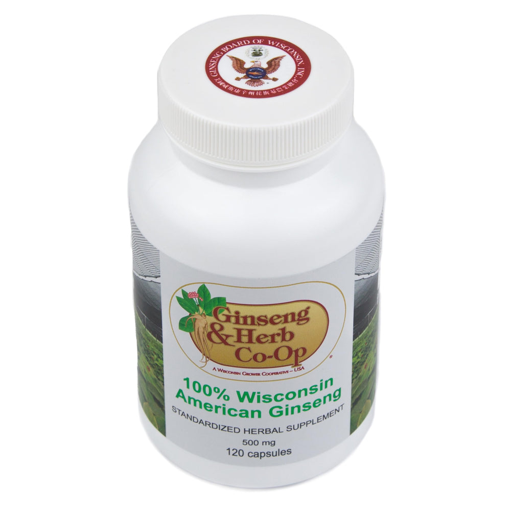 Wisconsin ginseng capsules closeup showing clean capsules for energy support.