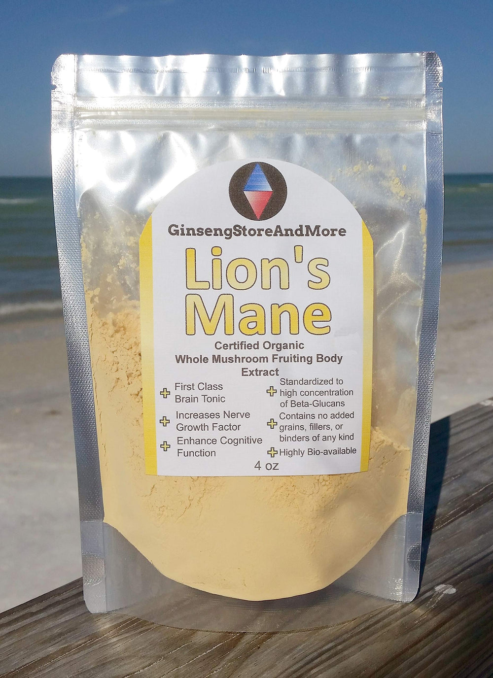 GinsengStoreAndMore Lion's Mane bottle emphasizes pure vegan extract with no binders