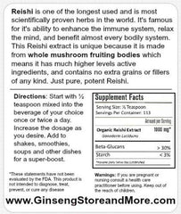 GinsengStoreAndMore red Reishi label close-up highlighting beta-glucans and immune support.