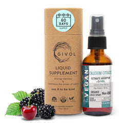GIVOL liquid calcium citrate bottle with pour for easy daily dosing.
