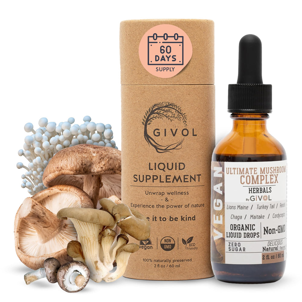 GIVOL Ultimate Mushroom Complex bottle front with clear label for daily use