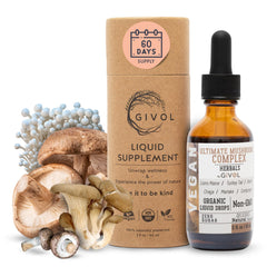GIVOL Ultimate Mushroom Complex bottle front with clear label for daily use