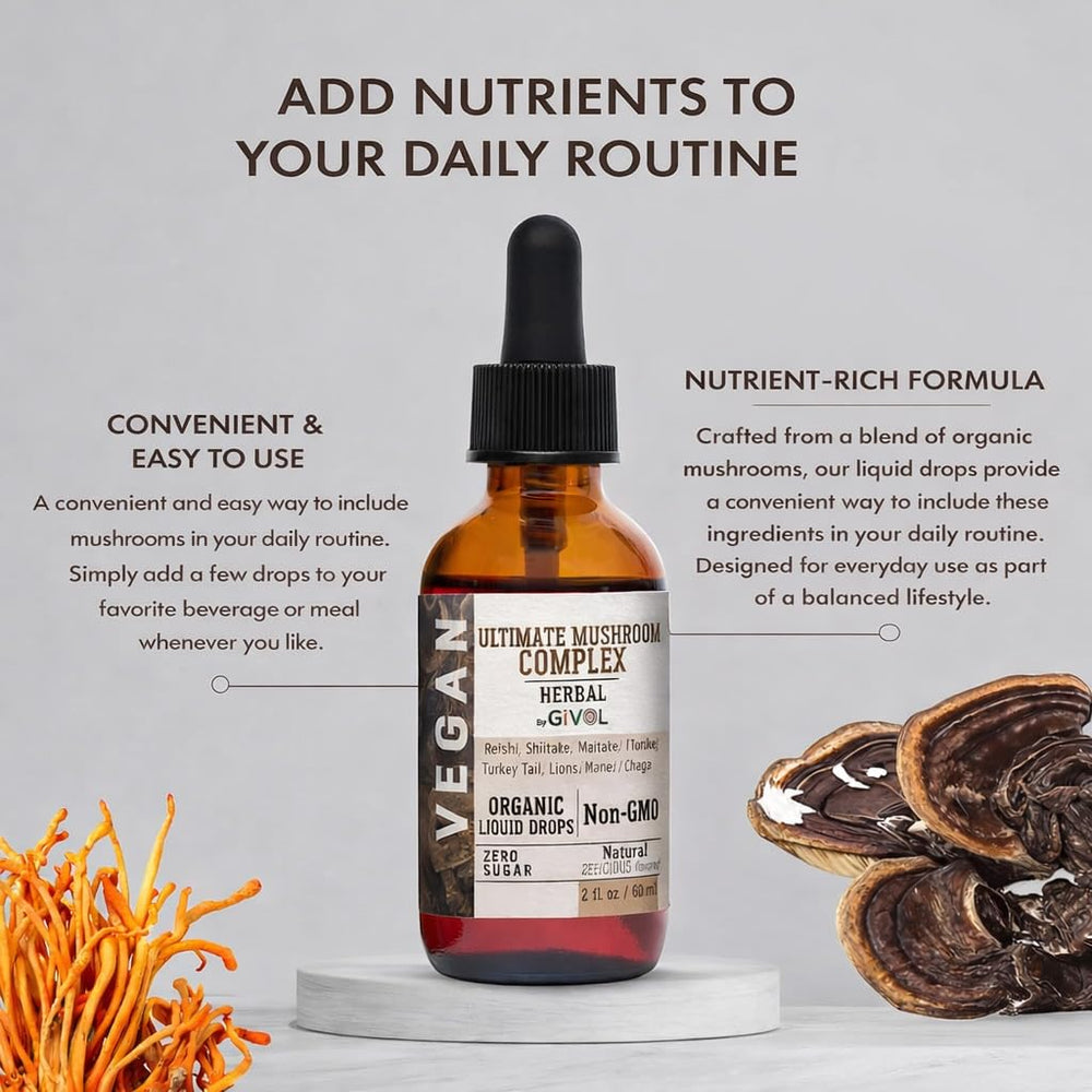 GIVOL bottle label closeup highlighting Reishi, Lion's Mane, Chaga blend for energy
