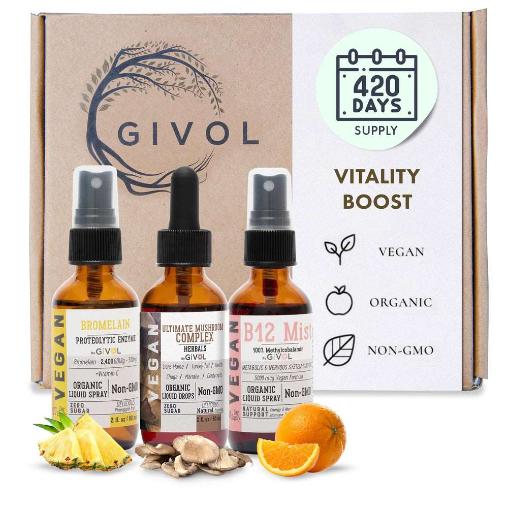 GIVOL Vitality Drops bottle with mushroom blend for steady energy.