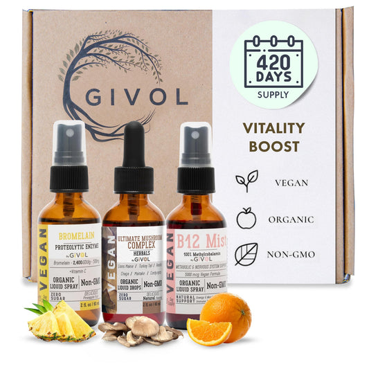 GIVOL Vitality Drops bottle with mushroom blend for steady energy.