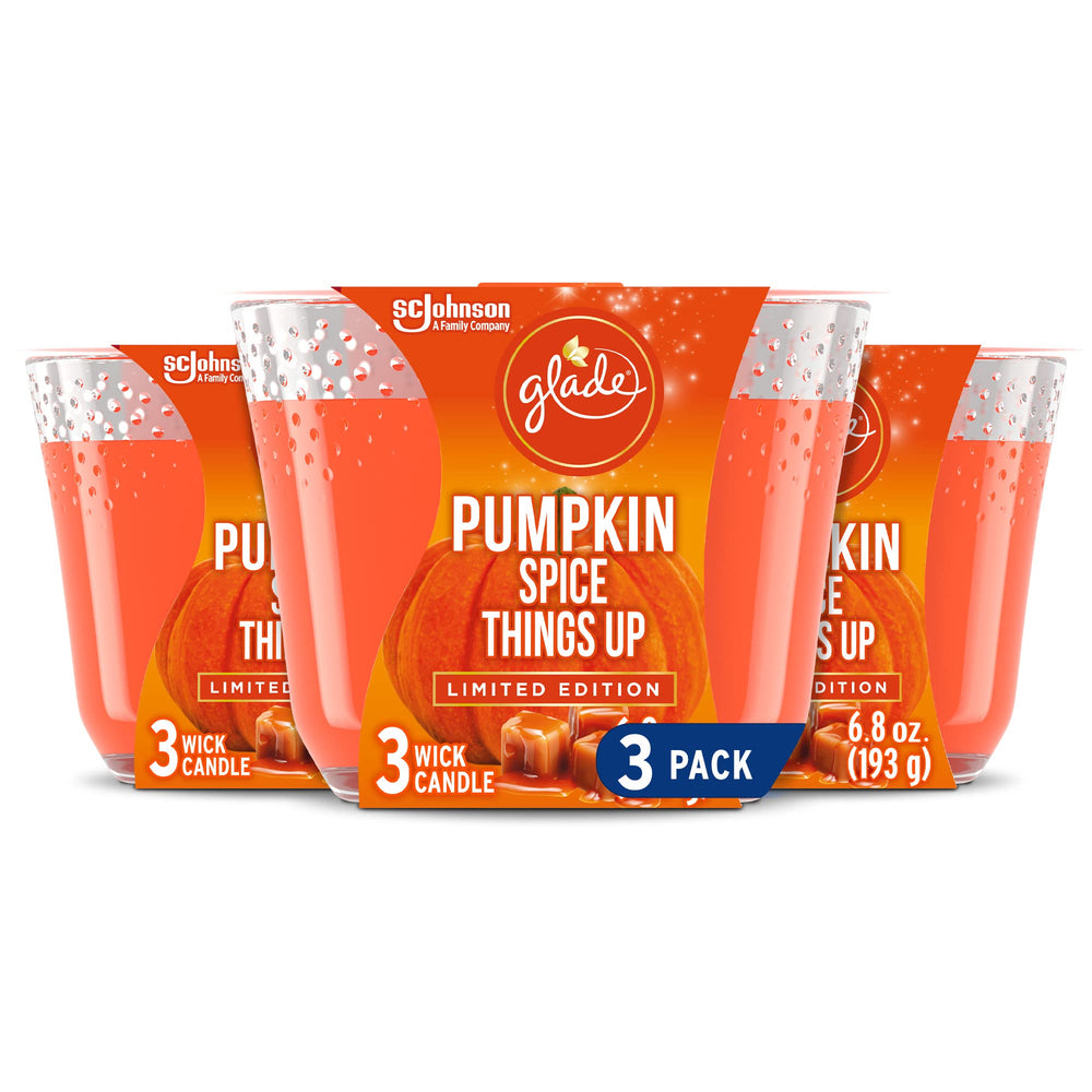Glade Pumpkin Spice 3-Wick candle fills rooms with warm autumn scent