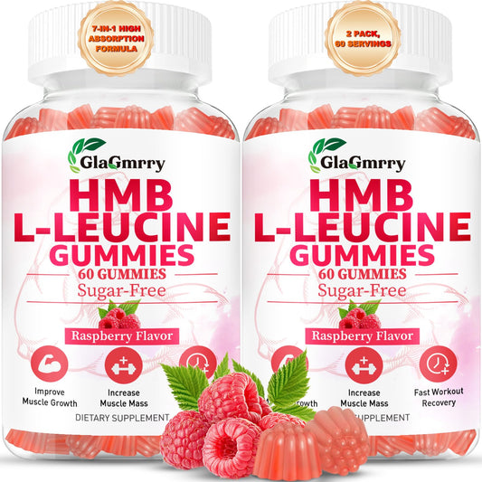 GlaGmrry HMB & Leucine gummies package front highlighting vegan, non-GMO formula.
