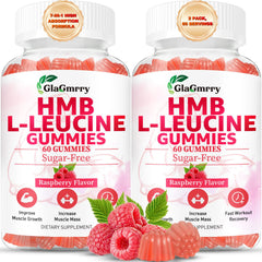 GlaGmrry HMB & Leucine gummies package front highlighting vegan, non-GMO formula.