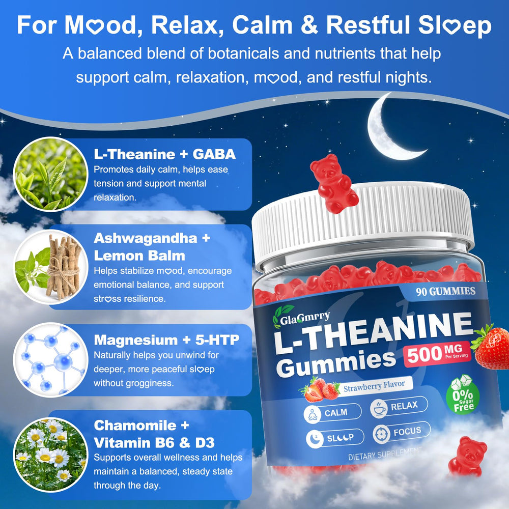 Bottle front highlights ashwagandha, gaba, and 5-HTP for balanced daily wellness.