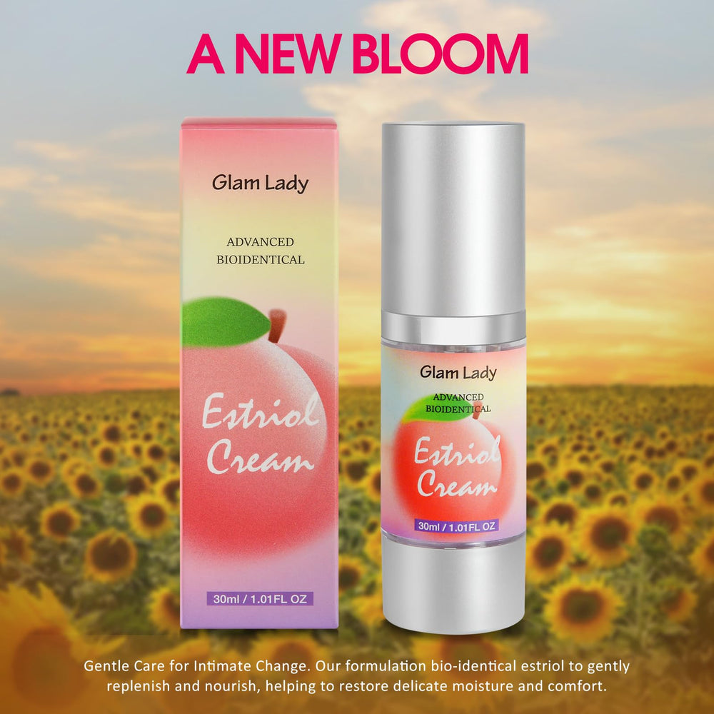 Glam Lady Estriol Cream box with accessories representing discreet at-home care.