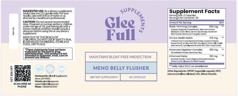 GLEEFULL SUPPS Meno Belly Flusher diagram-abs hints at abdominal comfort