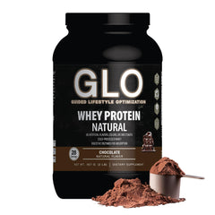 GLO cold-processed whey chocolate powder tub shows purity and amino acid richness for recovery