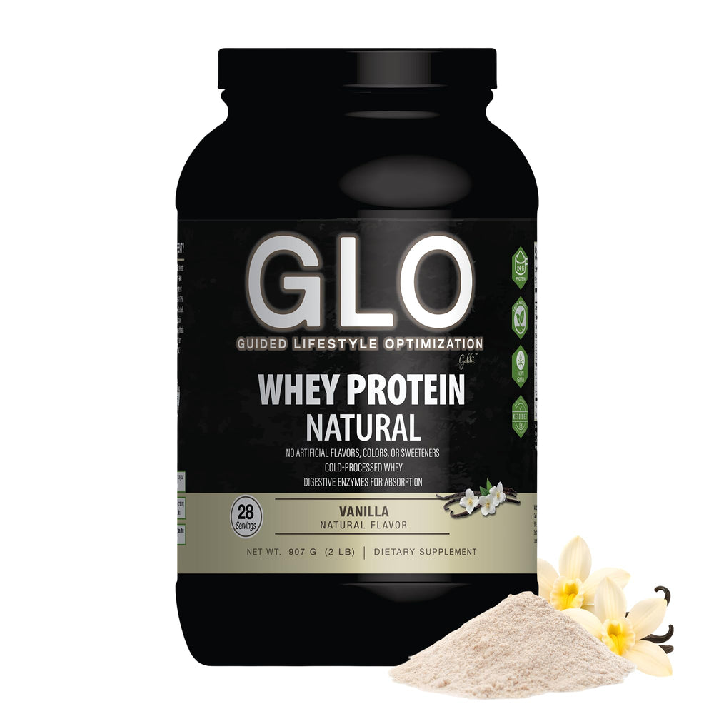 GLO cold-processed whey vanilla bottle offers pure protein for quick absorption.