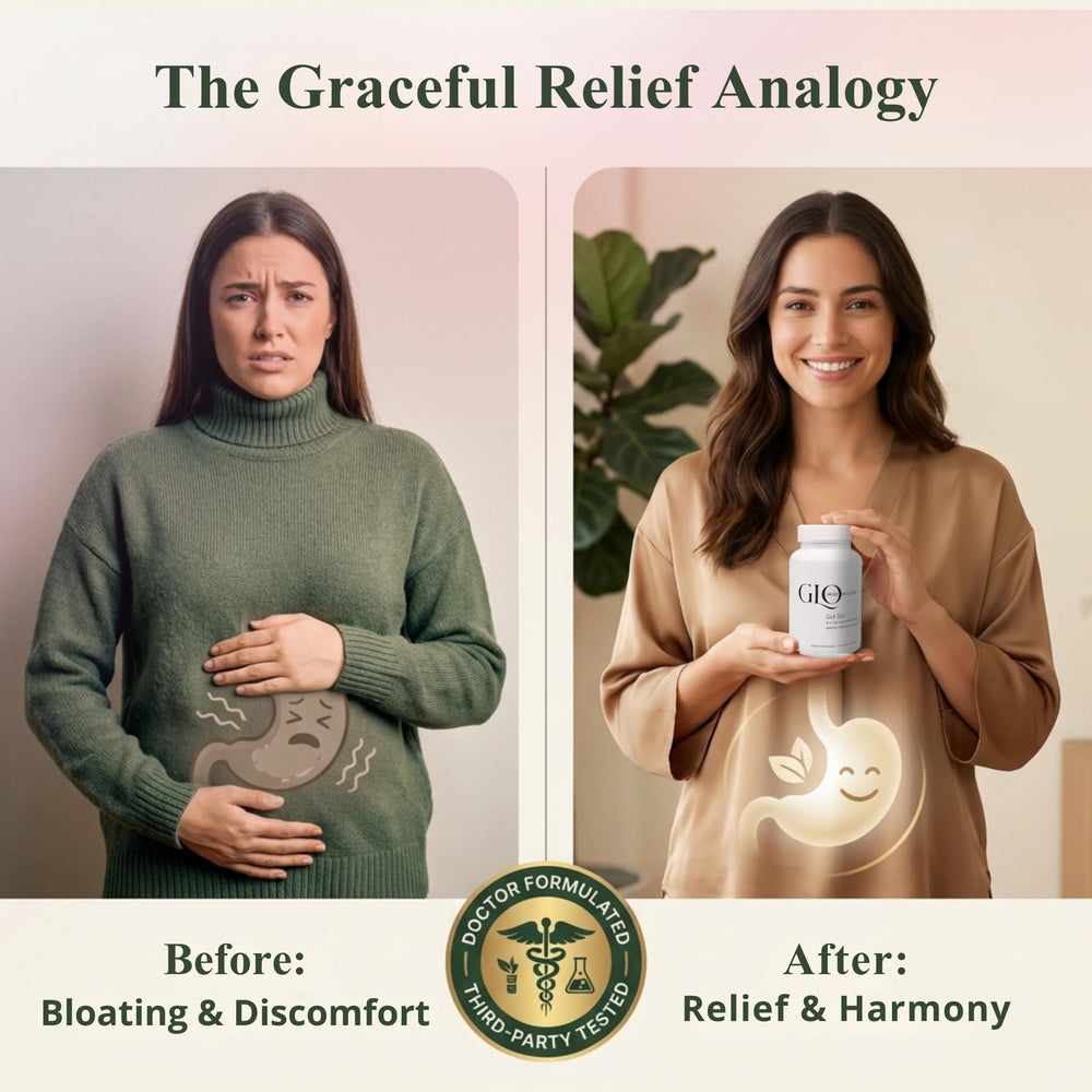 Gut Glo label highlights organic herbs and magnesium content.