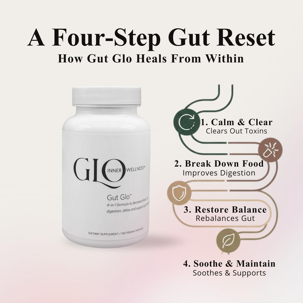 Pouring Gut Glo capsules from bottle suggests easy daily use.