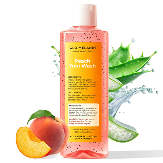 Glo Melanin Peach Yoni Wash bottle top view for daily gentle cleansing