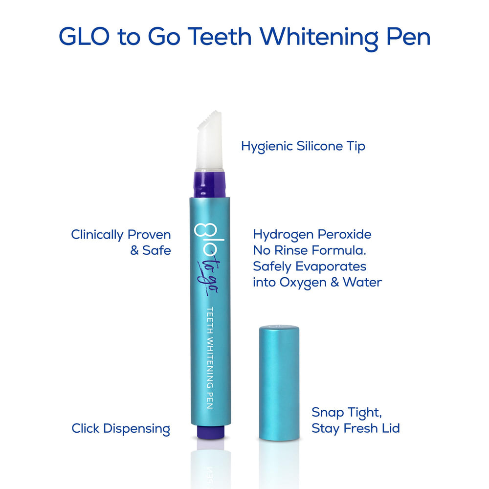 GLO Science Teeth Whitening Pen packaging highlights travel-friendly design.