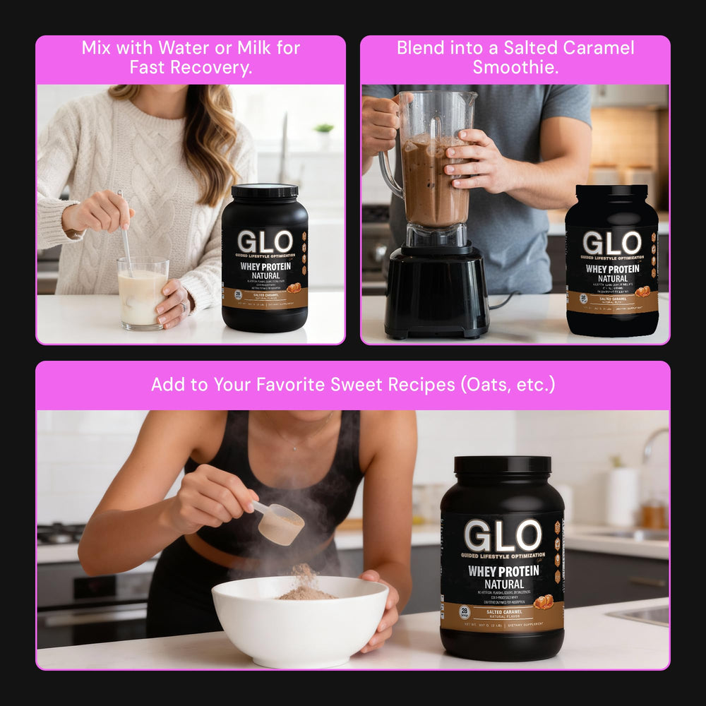 GLO Whey digestive enzymes bottle supports comfortable digestion.