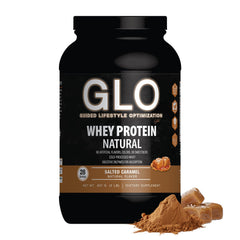 GLO Whey Salted Caramel tub showing pure protein for post-workout recovery.