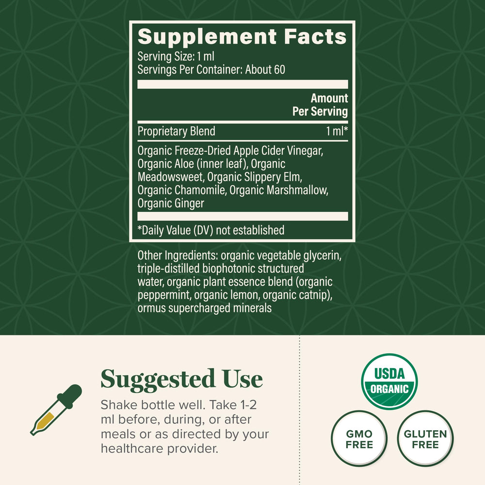 Global Healing Center Acid Reflux Relief label view highlighting organic ingredients