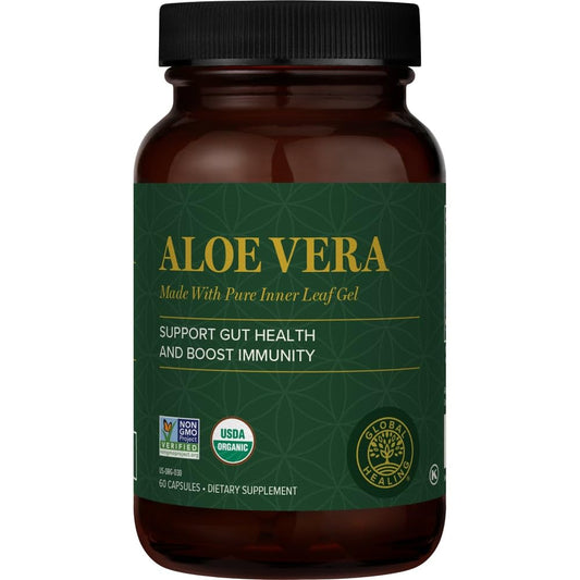 Global Healing Center Aloe bottle pour; convenient daily immune-support capsules.