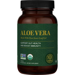 Global Healing Center Aloe bottle pour; convenient daily immune-support capsules.