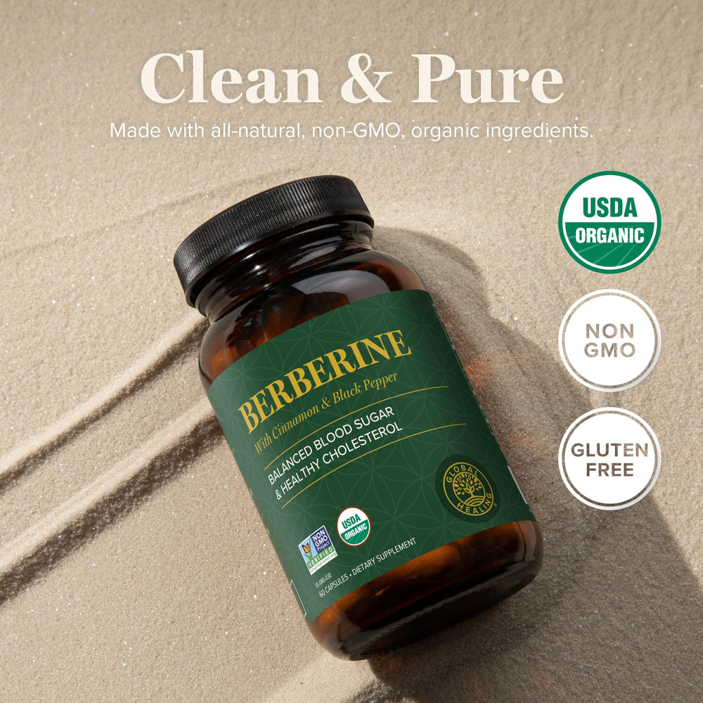 Global Healing Center berberine and black pepper visual suggests enhanced absorption potential.