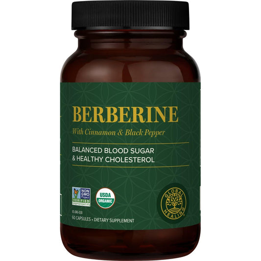 Global Healing Center berberine bottle front, premium 1200 mg capsules for potential metabolic support.