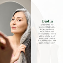 Global Healing Center Biotin bottle label closeup highlighting organic ingredients for absorption.