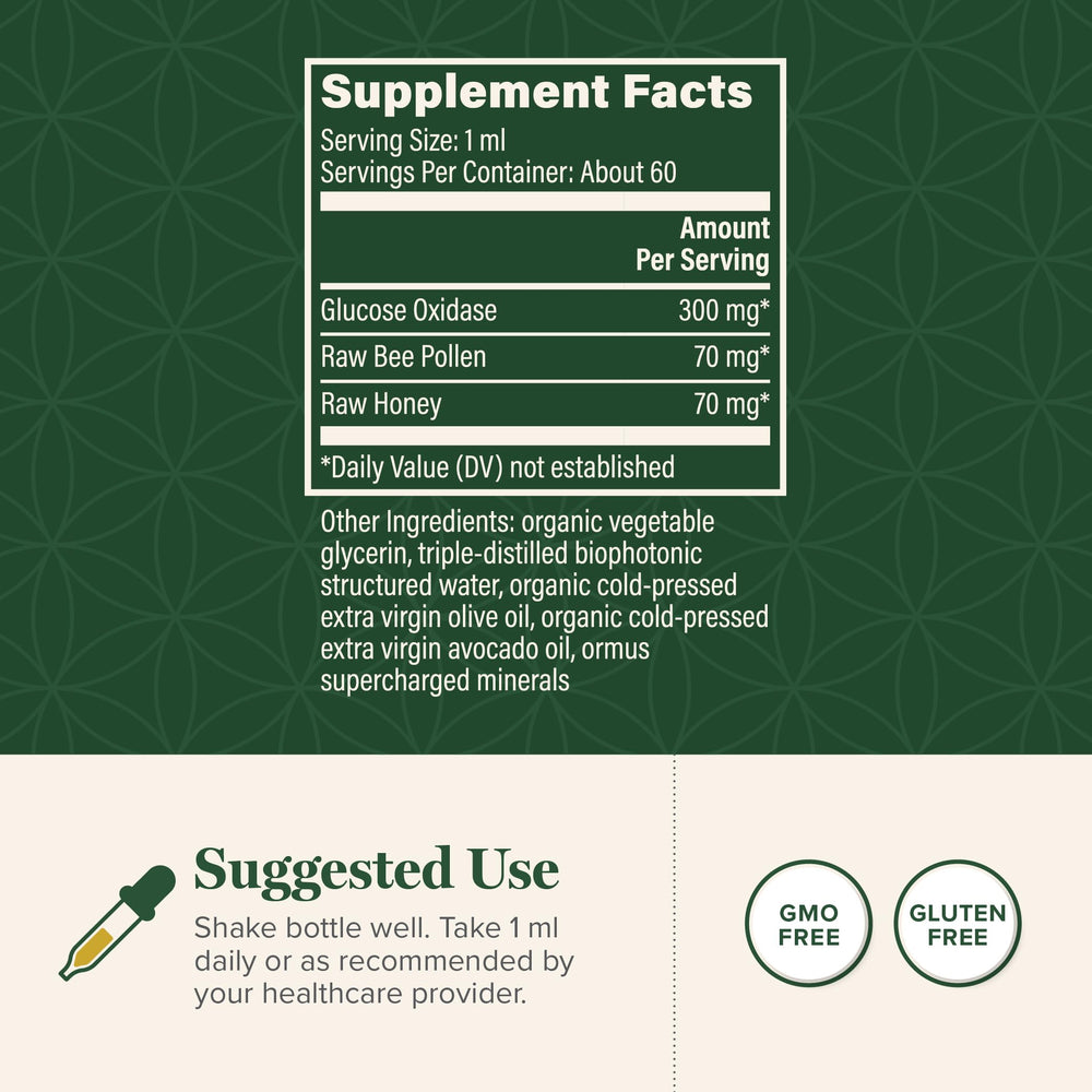 Global Healing Center Glucose Oxidase bottle label closeup highlighting natural ingredients
