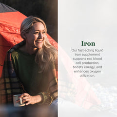 Global Healing Center iron liquid label closeup highlights ingredients for absorption.