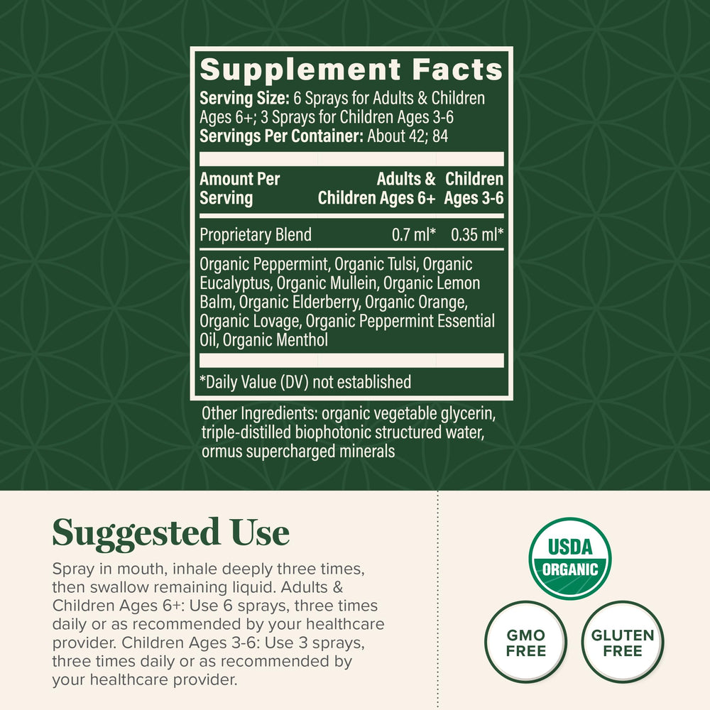 Global Healing Center Lung Health Spray label highlights natural ingredients