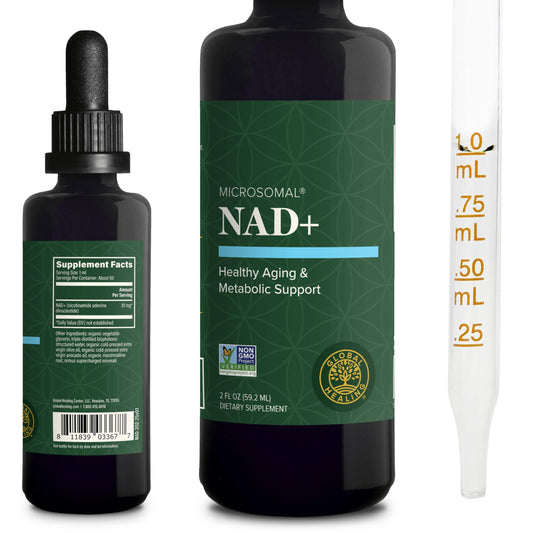 Global Healing Center NAD+ drops bottle front for daily energy support and sublingual use.