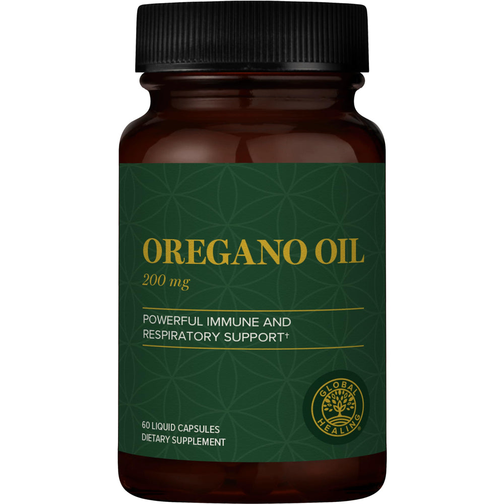 Global Healing Center oregano oil capsules packaging showcases organic formulation for daily wellness.