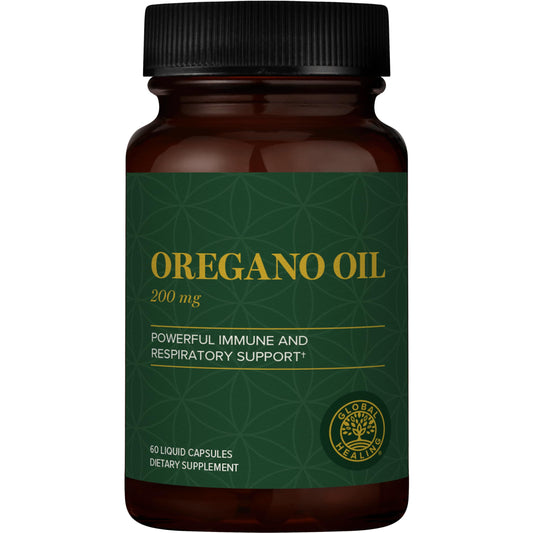 Global Healing Center oregano oil capsules packaging showcases organic formulation for daily wellness.
