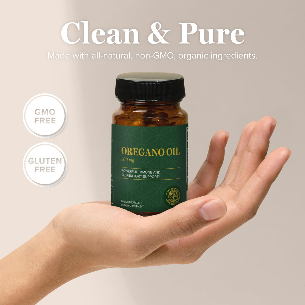 Global Healing Center oregano oil capsules pour demonstrates easy dosing and smooth intake.
