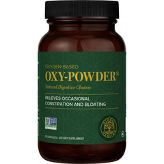 Global Healing Center Oxy-Powder bottle, gentle gut detox visual.