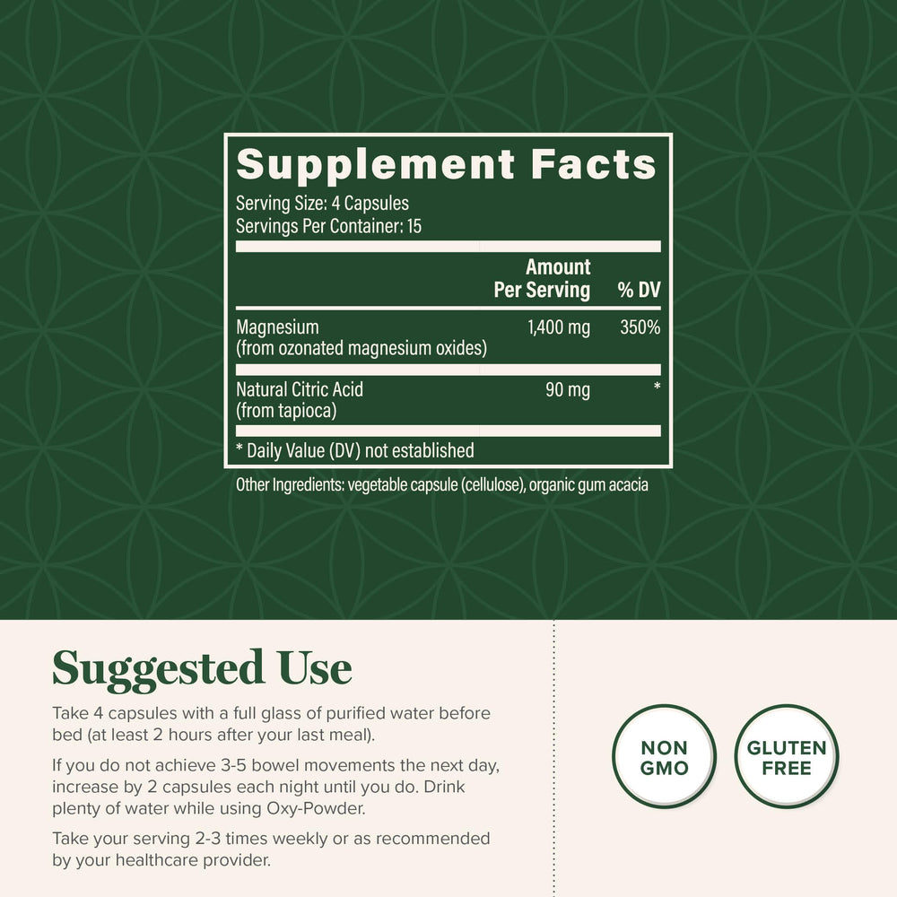 Global Healing Center Oxy-Powder capsules close-up, safe ingredients.