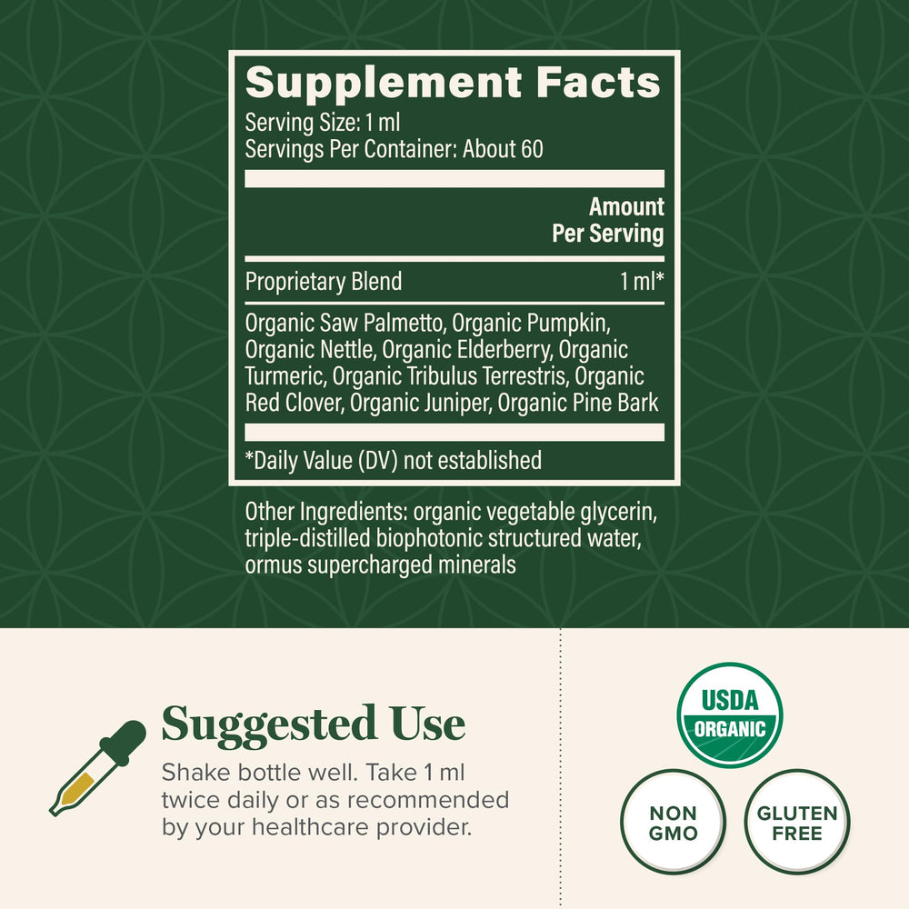 Global Healing Center Prostate Health label close-up, highlights natural ingredients