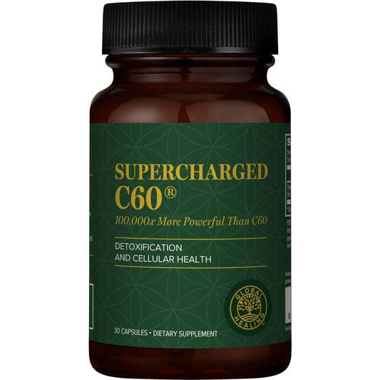 Global Healing Center Supercharged C60 bottle front, premium packaging for detox support